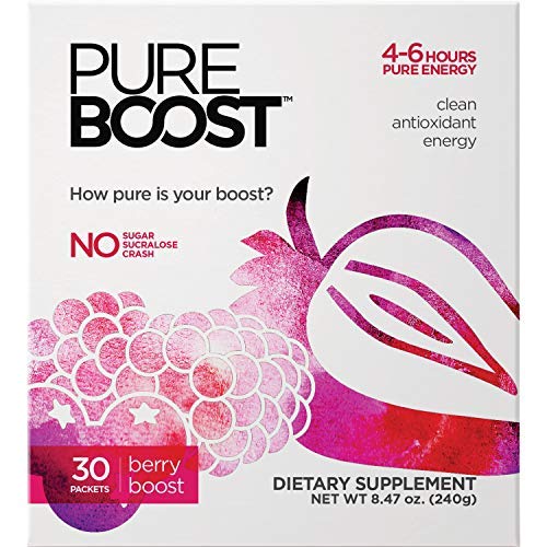 Product Cover Pureboost Clean Energy Drink Mix. No Sugar, No Sucralose. Healthy Energy Loaded with B12, Antioxidants, 25 Vitamins, Electrolytes. (Berry Boost, 30 Count)