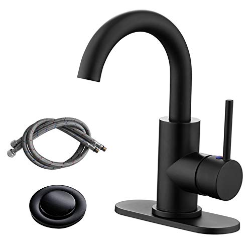 Product Cover RKF Single-Handle Swivel Spout Bathroom Sink Faucet with Pop-up Drain with overflow and Supply Hose,Bar Sink Faucet,Small Kitchen Faucet Tap,Matte Black,BF3501P-MB