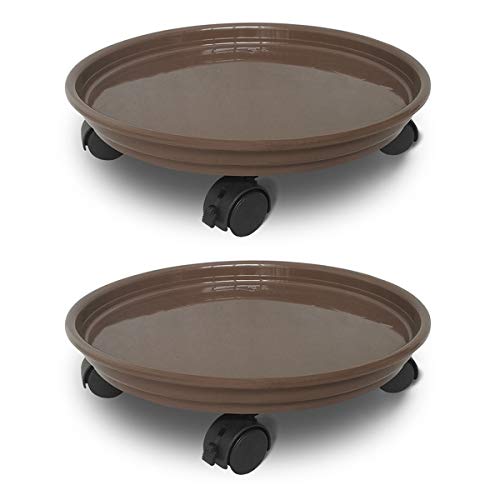 Product Cover JzNova 2 Pack of Plant Pallet Caddy with Wheels, Round Flower Pot Mover, Indoor Rolling Planter Dolly on Wheels, Outdoor Planter Trolley Tray Coaster, Brown