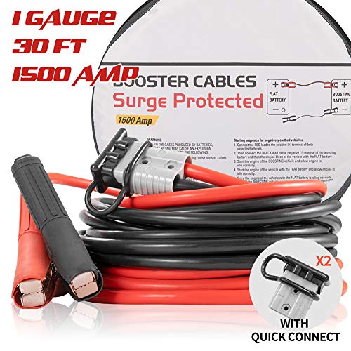 Product Cover Booster Jumper Cables Heavy Duty 1 Gauge 1500 AMP 30 FT with Quick Connect Plugs Travel Bag for Truck SUV Car, 1 Year Warranty