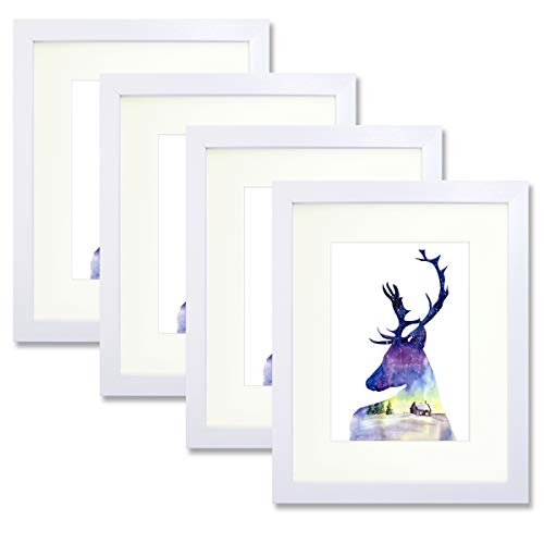 Product Cover Trees&Forrest White 8x10 Picture Frame Set of 4 - Display 5x7 Family Pictures with Mat or 8x10 Without Mat - Decorative Poster Frame Set with Real Glass for Wall Hanging Tabletop Standing