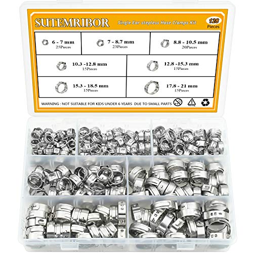Product Cover Sutemribor 304 Stainless Steel 7-21mm Single Ear stepless Hose Clamps Assortment Kit, 128PCS