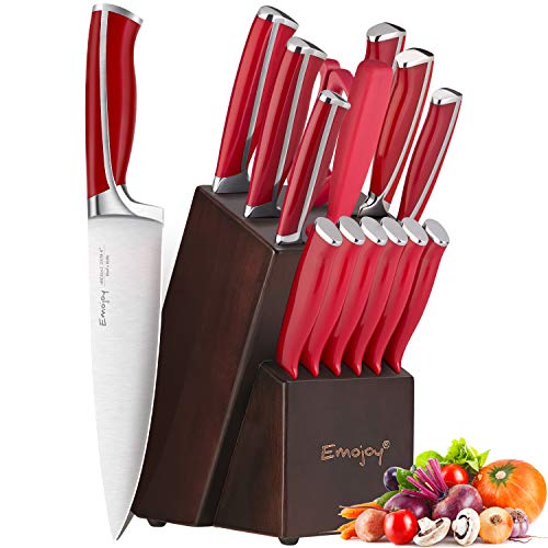 Product Cover Emojoy Knife Set, 15-Piece Kitchen Knife Set with Block Wooden, Red Handle for Chef Knife Set, Kitchen Knives Sharpener and Scissors German Stainless Steel