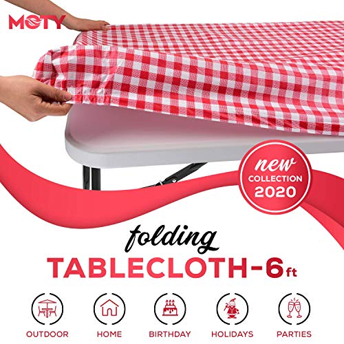 Product Cover Tablecloth for Folding Table -Fitted Rectangular Table Cloth for 6 Foot - Size 32 x 72 inch - (180 x 75 cm) Plastic Vinyl Flannel Backed with Elastic Rim- for Christmas|Parties (Plaid)