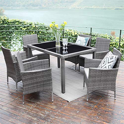 Product Cover Wisteria Lane Outdoor Patio Dining Set,7 Piece Wicker Furniture Seating Conversation Rattan Chair Glass Table(Grey Wicker,Grey Cushions)