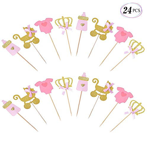 Product Cover Suppar Pink and Gold Girl Baby Shower Cupcake Toppers , Gender Reveal Cupcake Toppers Decoration Baby Shower Party Supplies