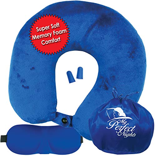 Product Cover My Perfect Nights Premium Travel Neck Pillow Kit (Blue) Super Soft Memory Foam with Washable Cover Includes Ear Plugs and Sleep Mask