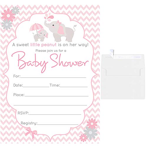 Product Cover 50 Fill in Blank Baby Shower Invitations Elephant with White Envelopes (Pink)