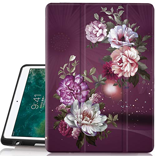 Product Cover iPad Pro 12.9 2017/2015 Case, Hocase Folio Smart Case with Pencil Holder, Unique Design, Auto Sleep/Wake Feature, Soft TPU Back Cover for iPad Pro 12.9 1st&2nd Generation 2015&2017 - Burgundy Flowers