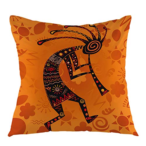 Product Cover oFloral Kokopelli Decorative Throw Pillow Case, Ethnic African Deity of Fertility Square Cushion Cover for Home Sofa Bed Chair Couch Living Room Decoration Euro Pillow Size 18 x 18 Inch Orange