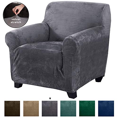 Product Cover Modern Velvet Plush Arm Chair Slipcover. Strapless One Piece Stretch Chair Cover. Arm Chair Cover for Living Room. Magnolia Collection Slipcover. (Chair, Grey)
