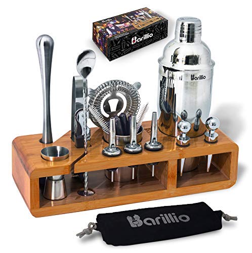 Product Cover barillio Elite Bartender Kit Cocktail Shaker Set Stainless Steel Bar Tools with Sleek Bamboo Stand, Velvet Carry Bag and Recipes Booklet , Ultimate Drink Mixing Adventure (Silver) -23 Pieces