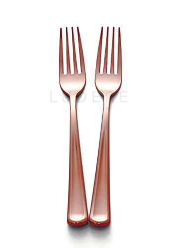 Product Cover 120 Piece Premium Rose Gold Plastic Forks | Extra Heavy Duty with Bright Shiny Finish | Convenient and Strong Cutlery | Ludere Elegant Disposable Silverware Forks