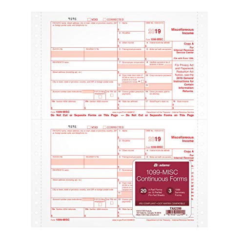 Product Cover Adams 1099-MISC Continuous Forms for 2019, 20 Carbonless 4-Part Forms, Dot Matrix Compatible, 3 1096 Summary Transmittals (TXA2299)