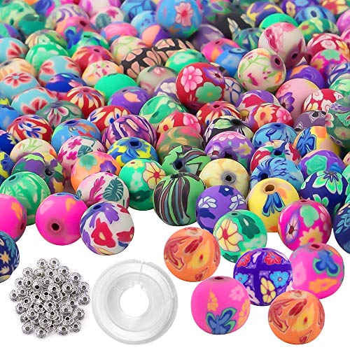 Product Cover Quefe 300pcs Round Polymer Clay Beads Assorted Colorful Pattern Handmade Loose Beads with 50pcs Spacer Beads and Crystal String for Jewelry Making (10mm)