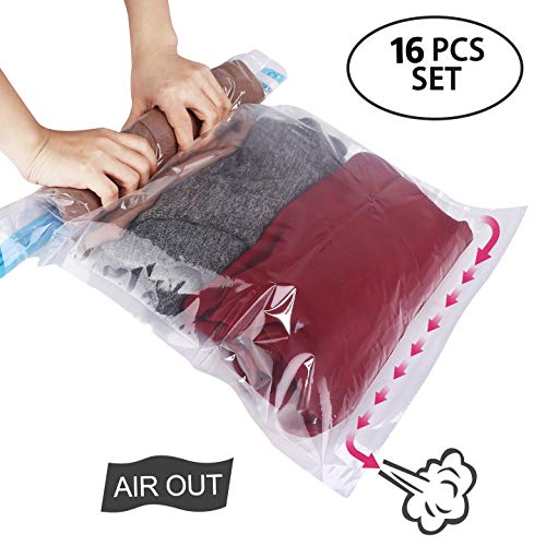 Product Cover HOMEIDEAS 16 Pack Travel Space Saver Bags, Compression Bags for Travel and Storage, Roll Up Storage Bags - No Vacuum or Pump Needed