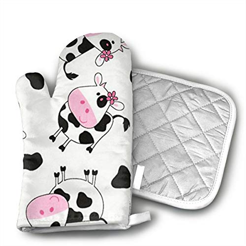 Product Cover QEDGC Cute Tossed Cows White Baking Anti-Hot Gloves Oven Microwave Mitts Pot Holder Mat