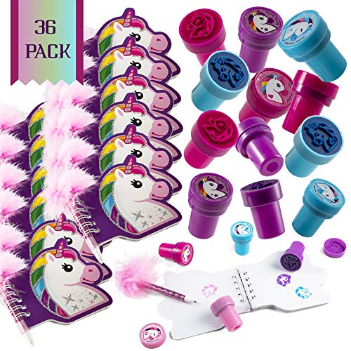 Product Cover FavonirTM Unicorn Stationary Party Souvenirs Favors 36 Gift Pack - 12 Mini Notebooks - 12 Feather Pens - 12 Stampers - Kids Birthday Party Supplies Bulk Set - Ideal As Party Favor, Reward Prizes, carnival And Events