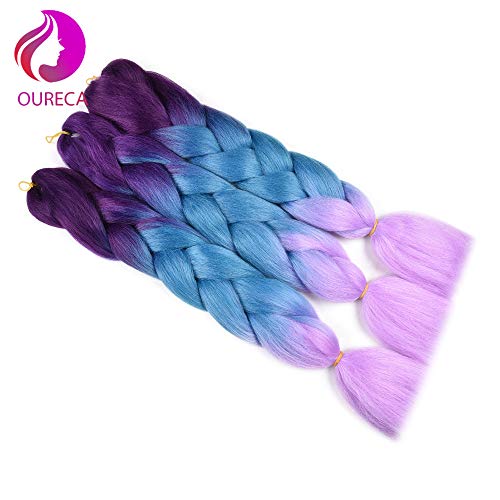 Product Cover Ombre Jumbo Braiding Hair Extensions High Temperature Kanekalon Synthetic Hair 3 Tone Twist Hair Braids With Small Free Gifts 24inch 3pcs/lot(Purple/Lake Blue/Light Purple)