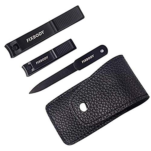 Product Cover FIXBODY Nail Clipper Set - Black Stainless Steel Fingernails & Toenails Clippers & Nail File Sharp Nail Cutter with Leather Case, Set of 3 (Curved) - 1 Set