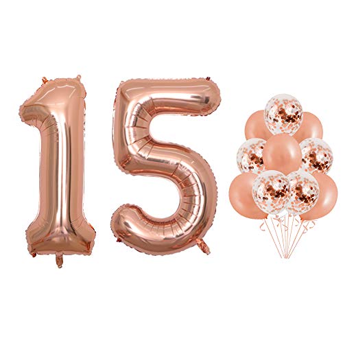 Product Cover 40 inch Jumbo Rose Gold Foil 15 Balloons Confetti 15 Balloons for 15th Birthday Party Supplies Anniversary Events Decorations and Graduation Decorations (Confetti15)