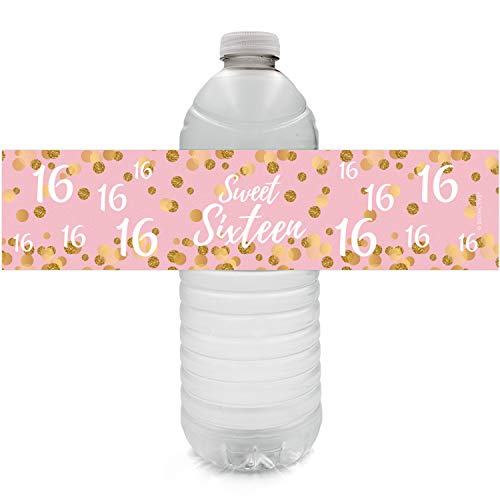 Product Cover Pink and Gold 16th Birthday Sweet Sixteen Party Water Bottle Labels, 24 Stickers