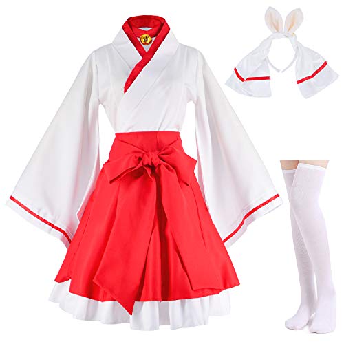 Product Cover Japanese Anime red and White Kimono Fox Cosplay Costume with Socks