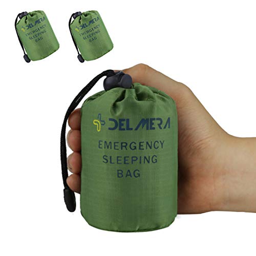 Product Cover Delmera Emergency Survival Sleeping Bag, Lightweight Waterproof Thermal Emergency Blanket, Bivy Sack with Portable Drawstring Bag for Outdoor Adventure, Camping, Hiking, Orange (Green- 2 Packs)