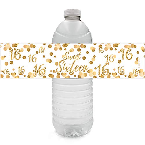 Product Cover White and Gold Sweet Sixteen - 16th Birthday Party Water Bottle Labels - 24 Stickers