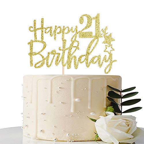 Product Cover Gold Glitter Happy 21st Birthday Cake Topper,Hello 21, Cheers to 21 Years, 21 & Fabulous Party Decoration