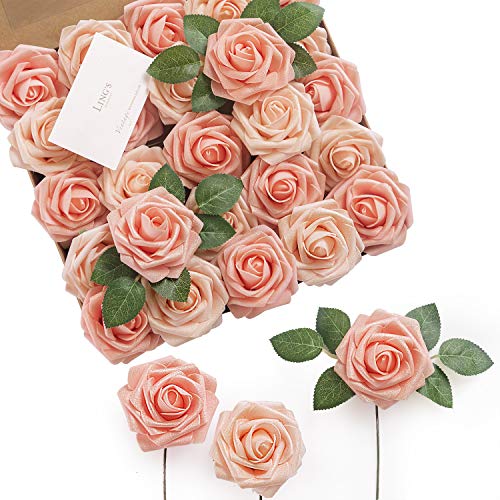 Product Cover Ling's moment Artificial Flowers Shimmer Blush & Peach Roses 50pcs Real Looking Fake Roses w/Stem for DIY Wedding Bouquets Centerpieces Arrangements Party Baby Shower Home Decorations
