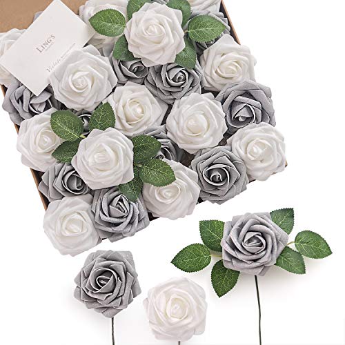 Product Cover Ling's moment Artificial Flowers Roses 50pcs Real Looking Shimmer Silver Grey Fake Roses w/Stem for DIY Christmas Tree Xmas Wedding Party Centerpieces Arrangements Party Decor