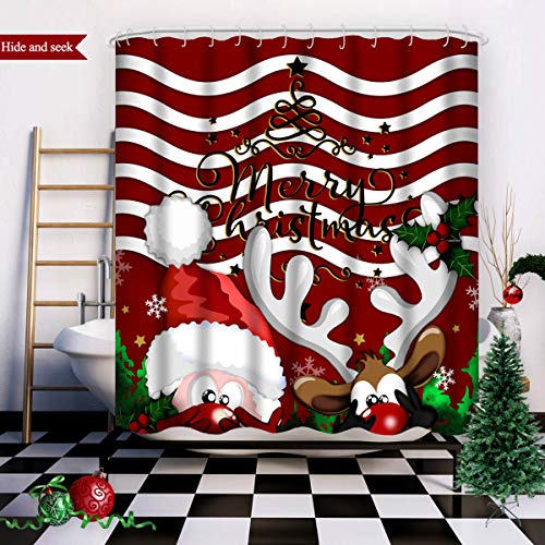 Product Cover Wasserrhythm Merry Christmas Shower Curtain Red Reindeer Santa Claus Custom Fashion Hide and Seek Shower Curtain Polyster 72x72 Inches