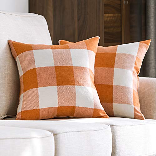 Product Cover MIULEE Pack of 2 Decorative Classic Retro Checkers Plaids Throw Pillow Covers Cotton Linen Soft Soild Pillow Case Orange Cushion Case for Sofa Bedroom Car 18 x 18 Inch 45 x 45 cm