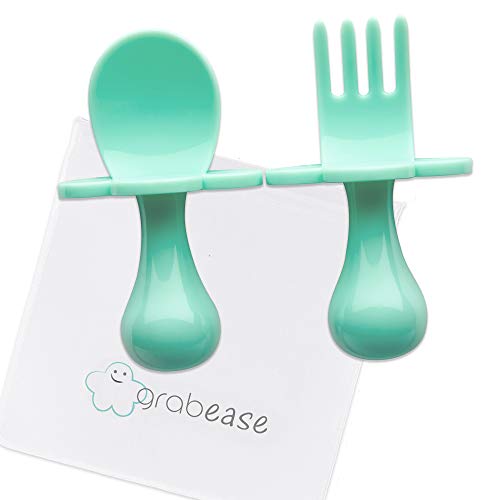 Product Cover GRABEASE First Self Feed Baby Utensils with a Togo Pouch - Anti-Choke, BPA-Free Baby Spoon and Fork Toddler Utensils - Toddler Silverware for Baby Led Weaning Ages 6 Months+, Mint