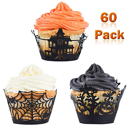 Product Cover Whaline 60 Pack Halloween Cupcake Wrappers Spiderweb/Witch/Castle Laser Cut Paper Liners Holders for Party Birthday Decoration (Black)