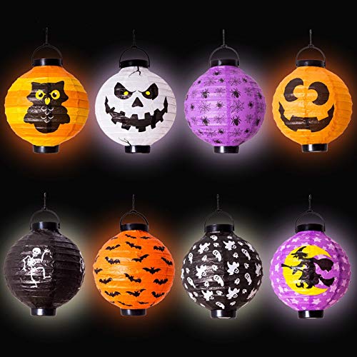 Product Cover 8 Halloween Decorations Paper Lanterns with LED Light With different style for Halloween Party Supplies Halloween Party Favor (12.5-inch tall include Hanging Hook)(Batteries not included)