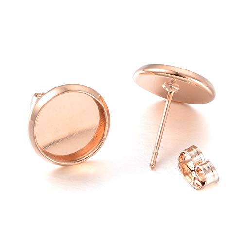 Product Cover Kissitty 50 Sets Rose Gold Plated Brass Post Earring Studs Set Flat Round Blank Bezel Tray Cabochon Setting with Earring Backs Fit for 10mm Cadmium Free & Nickel Free & Lead Free