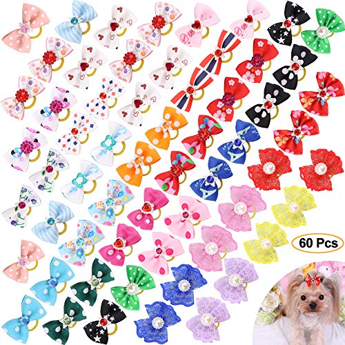 Product Cover Comsmart 60Pcs Dog Bows, 30 Pairs Yorkie Dog Puppy Hair Bows with Rubber Bands & Rhinestone Pearls & Handmade Lace Fabric, Cute Pet Small Dog Hair Bowknot Topknot Grooming Accessories