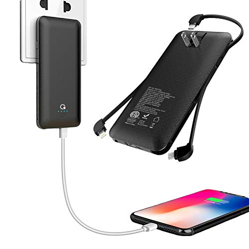 Product Cover 10000mAh Portable Charger, Ultra Slim Power Bank,4 Output and Dual Input External Battery Pack with Built-in AC Wall Plug Micro USB Type C Three Cables with USB Output Compatible with All mobilephone