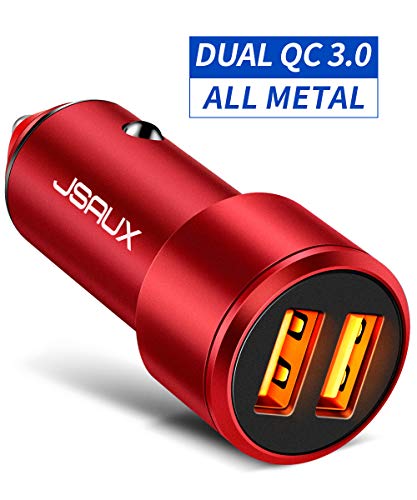 Product Cover Car Charger, JSAUX Quick Charge 3.0 3A Dual USB Ports 36W Fast Car Adapter Metal Compatible with Samsung Galaxy S10 S9 S8 Plus Note 10 9 8 S7, iPhone Xs Max XR X 8 7 6, iPad, LG G6 V20, Moto Red