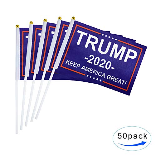 Product Cover TSMD 50 Pack Donald Trump Flag for President 2020 Keep America Great Flag Small Mini Hand Held Stick Flags Banner Make America Great for Party Decorations,Parades,Election Day Celebration Event