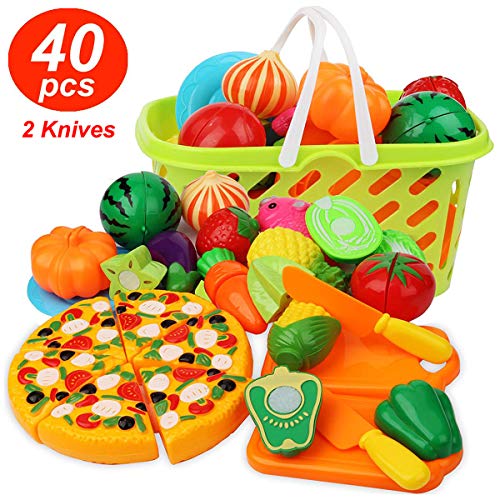 Product Cover Cutting Play Food Kitchen Pretend - Grocery Basket Toys for Kids 40pcs Children Girls Boys Educational Early Age Basic Skills Development, Include Fruits Vegetables Pizza Knife Mini Dishes