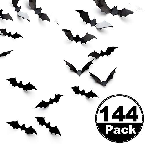 Product Cover Boao 144 Pieces Halloween Scary Plastic 3D Bats Wall Decals Stickers, DIY Halloween Party Supplies PVC 3D Decorative Scary Black Bats, Window Decor Party Supplies Decoration