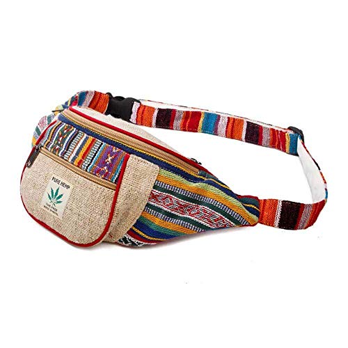 Product Cover Maha Bodhi Handmade Hemp Festival Waistpack Boho Hippie Waist Bag Hip Bum Running Belt Fanny Pack ~ Multi Color Stripe