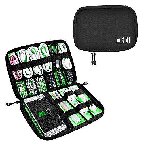 Product Cover ECZO Electronic Accessories Cable Organizer Case Waterproof Travel Cable Storage Bag for Charging Cable, Various USB, Phone, Charger and More (Black and Green)