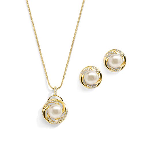 Product Cover Mariell Freshwater Pearl Button Wedding Necklace and Earrings Gold Jewelry Set for Bridesmaids & Brides
