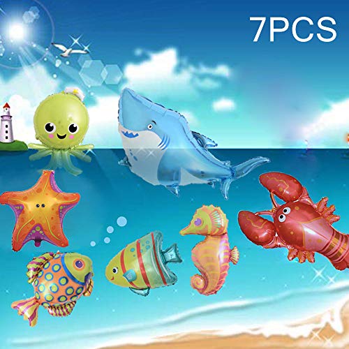 Product Cover 7PCS Cute Different Large sea Cartoon Balloons for Marine Theme Party Kids Gifts Birthday Party Decor with Octopus Shark Lobster Hippocampus Starfish Fish Balloons in TJ Party House (Colorful)