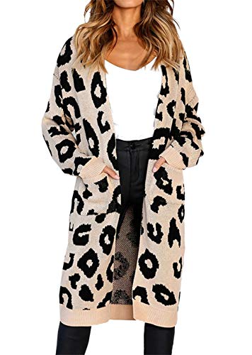 Product Cover BTFBM Women Long Sleeve Open Front Leopard Knit Long Cardigan Casual Print Knitted Maxi Sweater Coat Outwear with Pockets