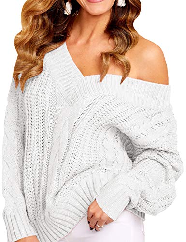 Product Cover SySea Womens Off The Shoulder Sweater Sexy V Neck Pullover Sweaters Oversized Chunky Knit Jumpers